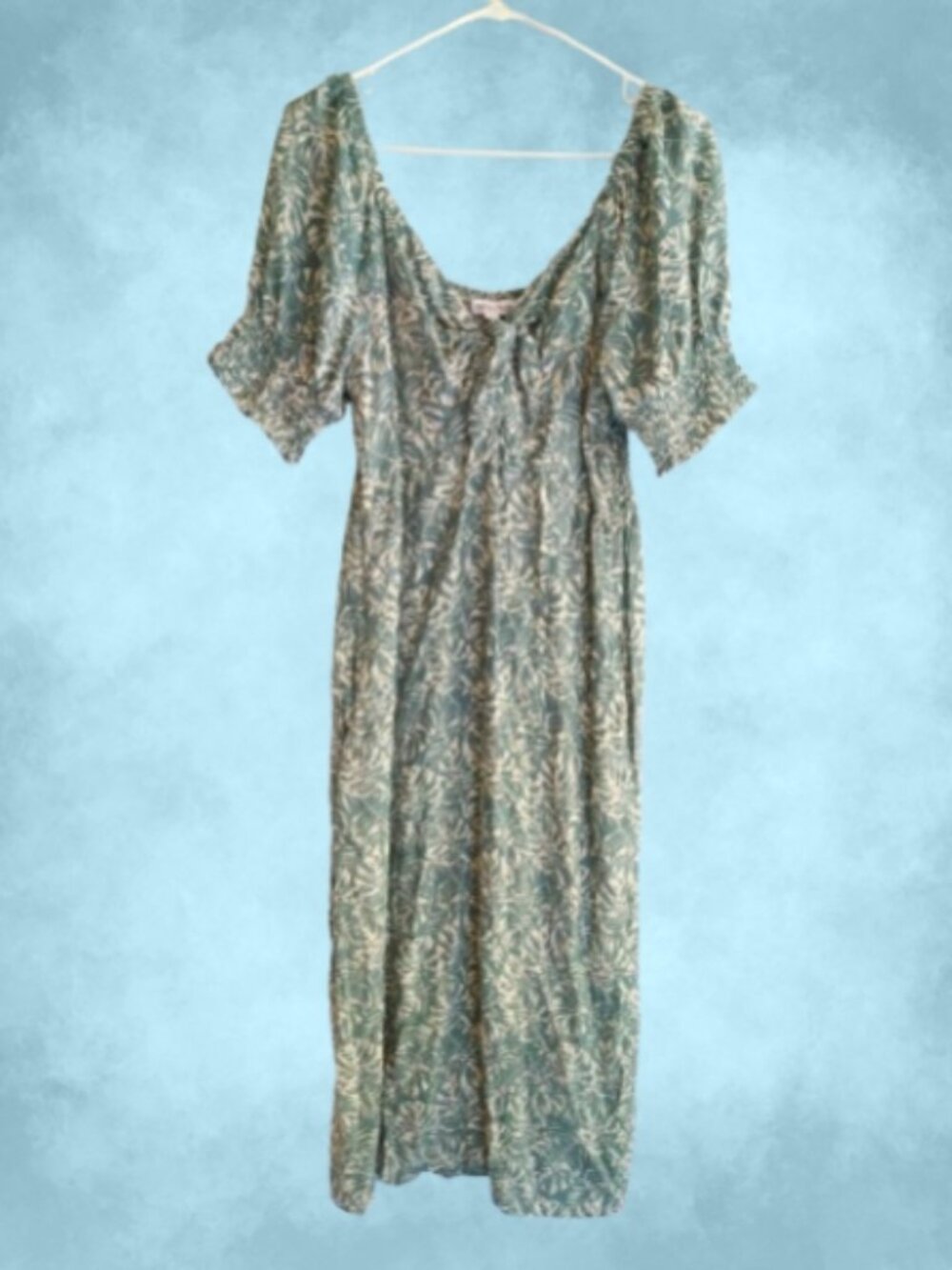 Mimi Chica Green Floral Smocked Back Maxi Dress XL Boho Cottagecore Puff Sleeve